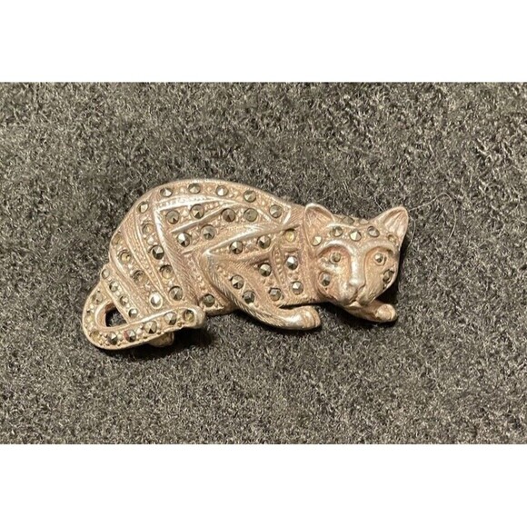 VTG STERLING SILVER 925 Marcasite PANTHER Big Cat Leopard Brooch Marked READ - Picture 1 of 8